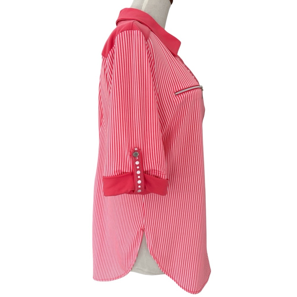Nygard Top Blouse Tunic Women Petite M Striped Pink White 3/4 Sleeve Stretch - Picture 5 of 14